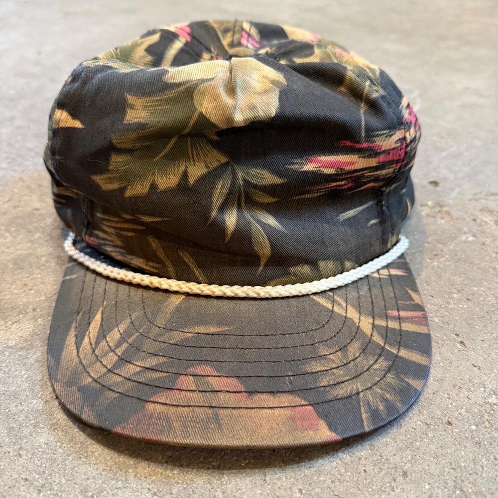 Vintage 90s Tropical Rope Snapback Hat Mens OSFM Black Floral Accent Cap